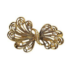 Vintage Gold-Tone Bow Brooch Pin With Rhinestones